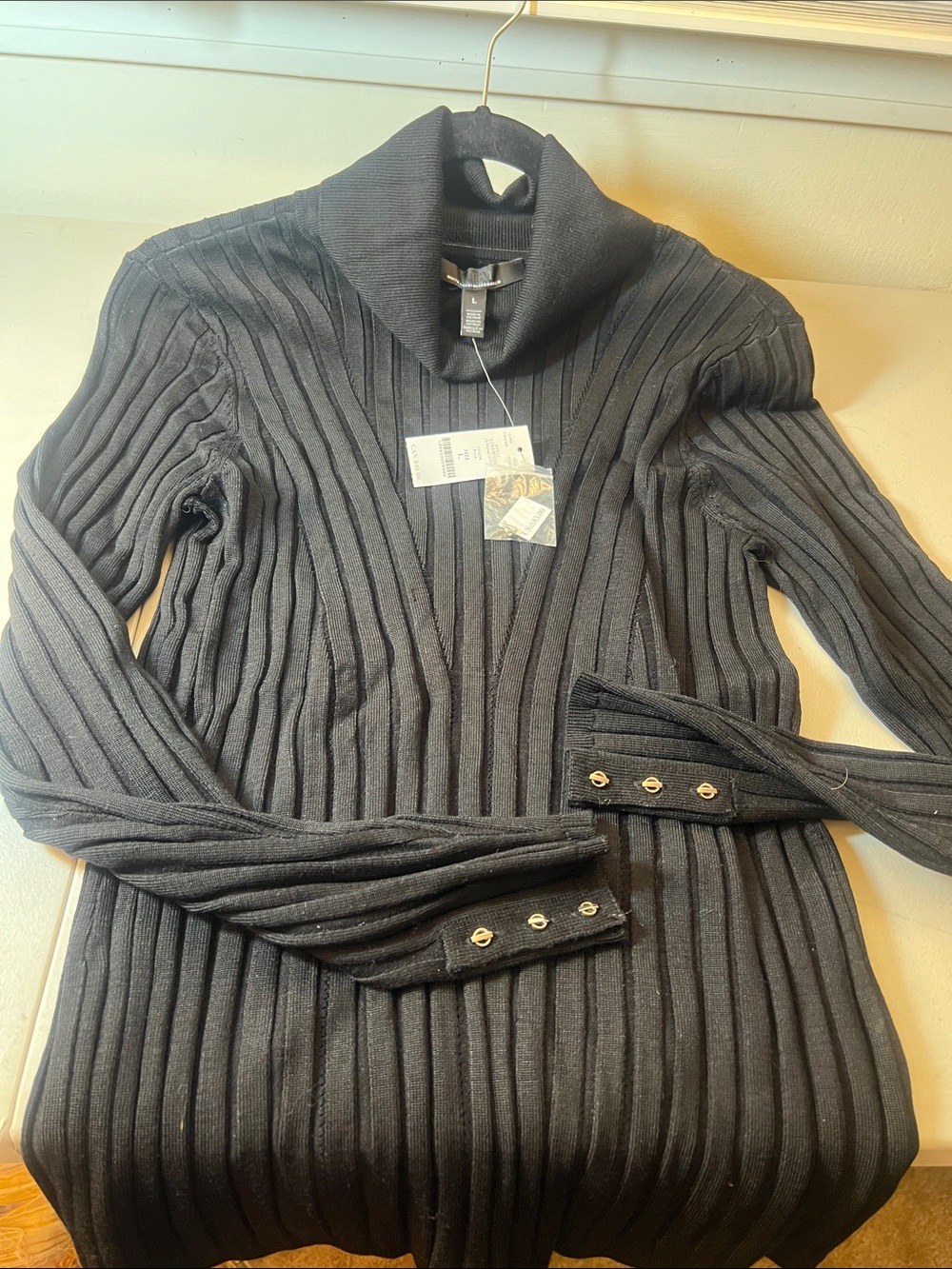 White House Black Market Black Ribbed Cowl Neck Sweater NWT L $85